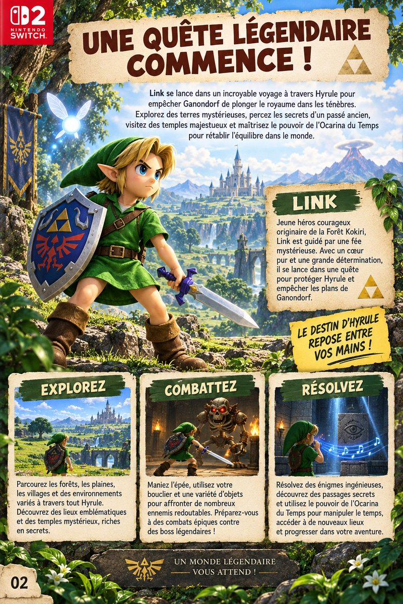 RGUNIVERSESTORE's tweet photo. Et si les jeux Switch 2 avaient encore de vraies notices ? 👀Je bosse sur une notice fan-made de Zelda: Ocarina of Time, pensée comme si elle sortait aujourd’hui : couverture, gameplay, commandes, carte d’Hyrule… ⚔️����️Voici les 4 premières pages.
Vous validez ? https://t.co/k4qYx7NuaM