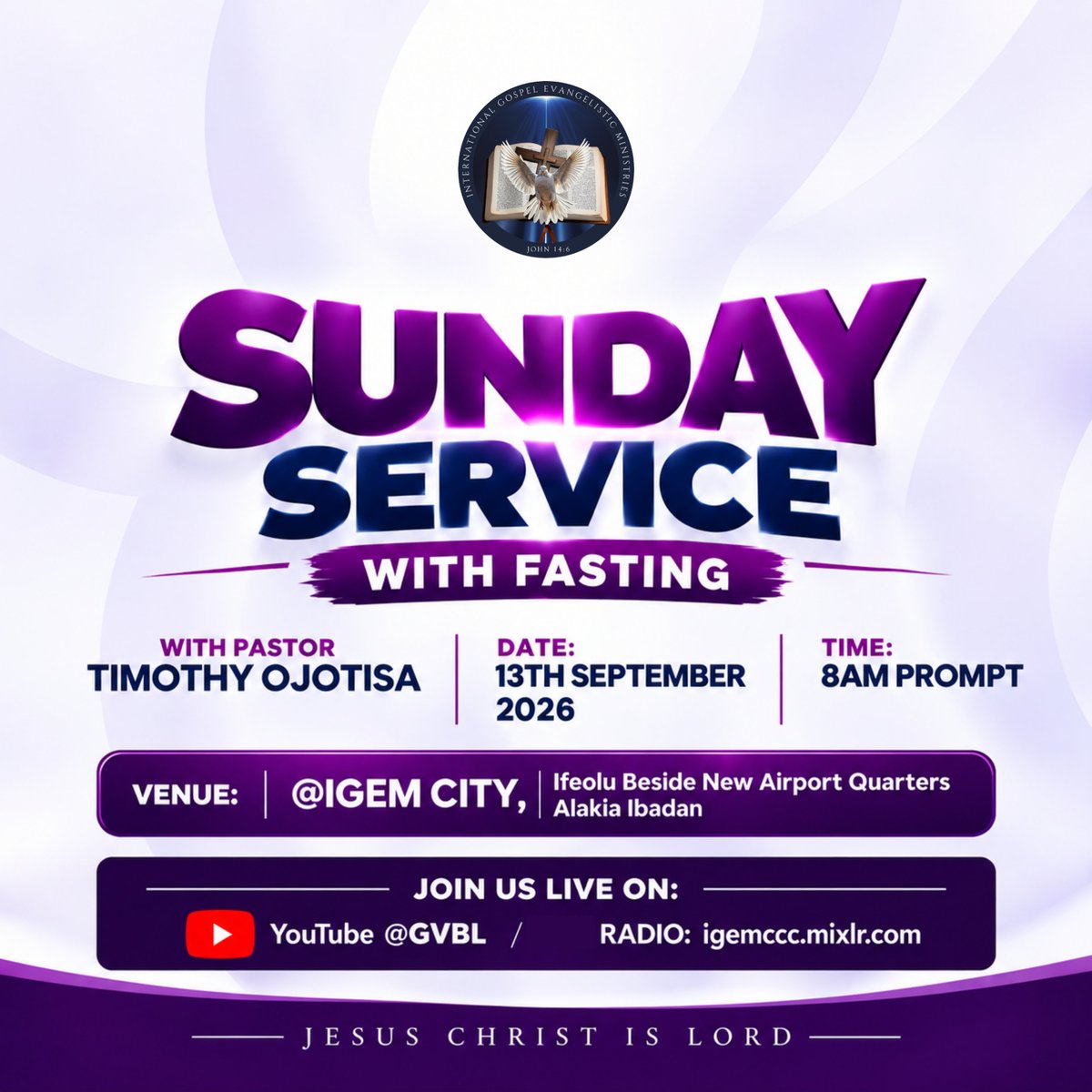 igemcity's tweet photo. THIS SUNDAY, LET’S SEEK GOD TOGETHER ✨

Whatever you are trusting God for, come with faith.
#igemccc #SpecialSunday #SundayService #FastingAndPrayer #DivineEncounter https://t.co/uddaQeUtTT