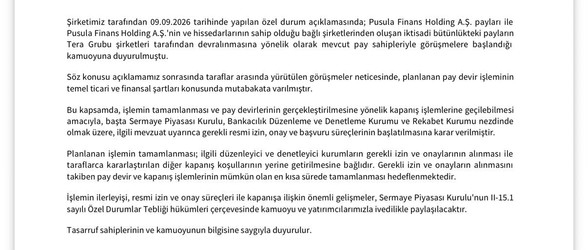 SJConner12's tweet photo. 🔴 Tera – Pusula görüşmelerinde yeni aşama

Taraflar, Pusula Finans Holding ve bağlı ortaklıklarındaki çoğunluk paylarının Tera Grubu şirketlerine devri konusunda temel ticari ve finansal şartlarda anlaşmaya vardı.

Şimdi SPK, BDDK ve Rekabet Kurumu nezdinde izin ve onay https://t.co/dTdiSIL5pB