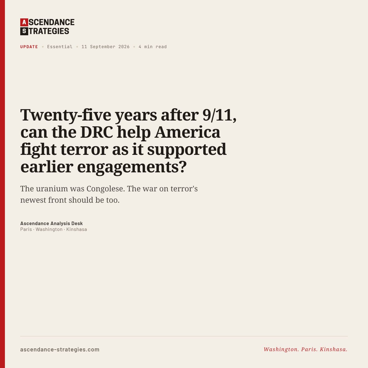 AscenStrategies's tweet photo. 🔴 9/11 at 25: Can the #DRC Help #America Fight Terror? 

https://t.co/fxkEvdn9mF https://t.co/ZMtcQKGPhO