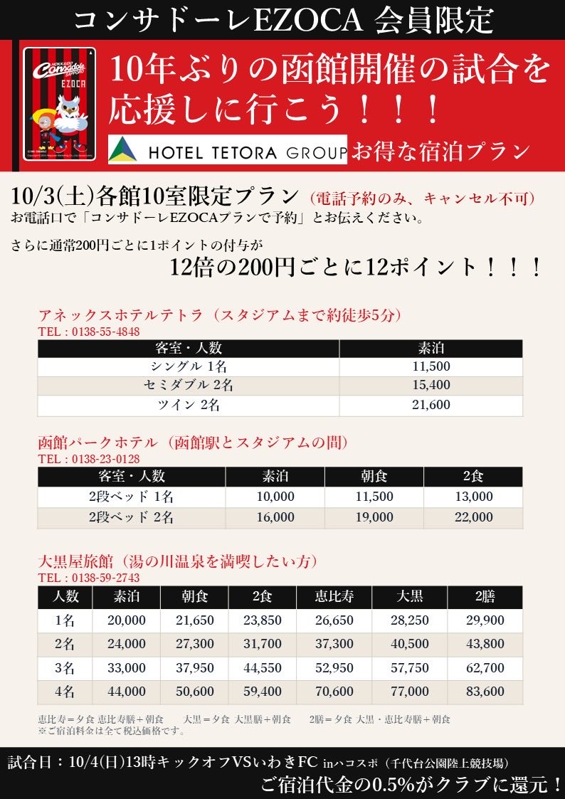 furano_hops's tweet photo. コンサドーレサポートプログラム参加企業のホテルテトラより、
特別な宿泊プランのご案内です。

10/3(土)一泊分のホテルを三館各10室限定でお部屋を確保！
●キャンセル不可の電話予約限定
●「コンサドーレEZOCAプランで予約」とお伝えください
アネックスホテルテトラ
函館パークホテル
大黒屋旅館 https://t.co/QxrgkNVUwk