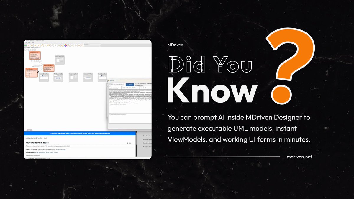 MdrivenA's tweet photo. Fast prototyping shouldn't mean accumulating fast technical debt. 

Focus on high-level domain rules and let MDriven manage the runtime syncing, UI generation, and backend stability for your next build.

Get started: https://t.co/CvOVeD83bx https://t.co/PqgDtBKNEU