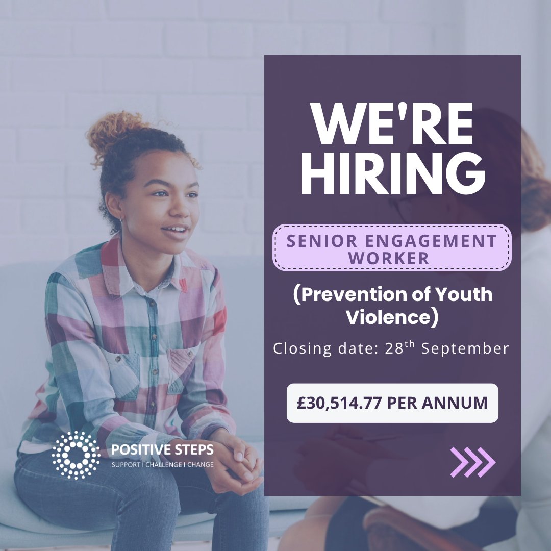 PositiveSteps's tweet photo. 📢Join our Family First Programme Partnership team as a Senior Engagement Worker and help prevent youth violence through early intervention, community engagement and family support💜

Apply today 👉🏼 https://t.co/QrGat7H2pC https://t.co/Pw2qMJPgbR