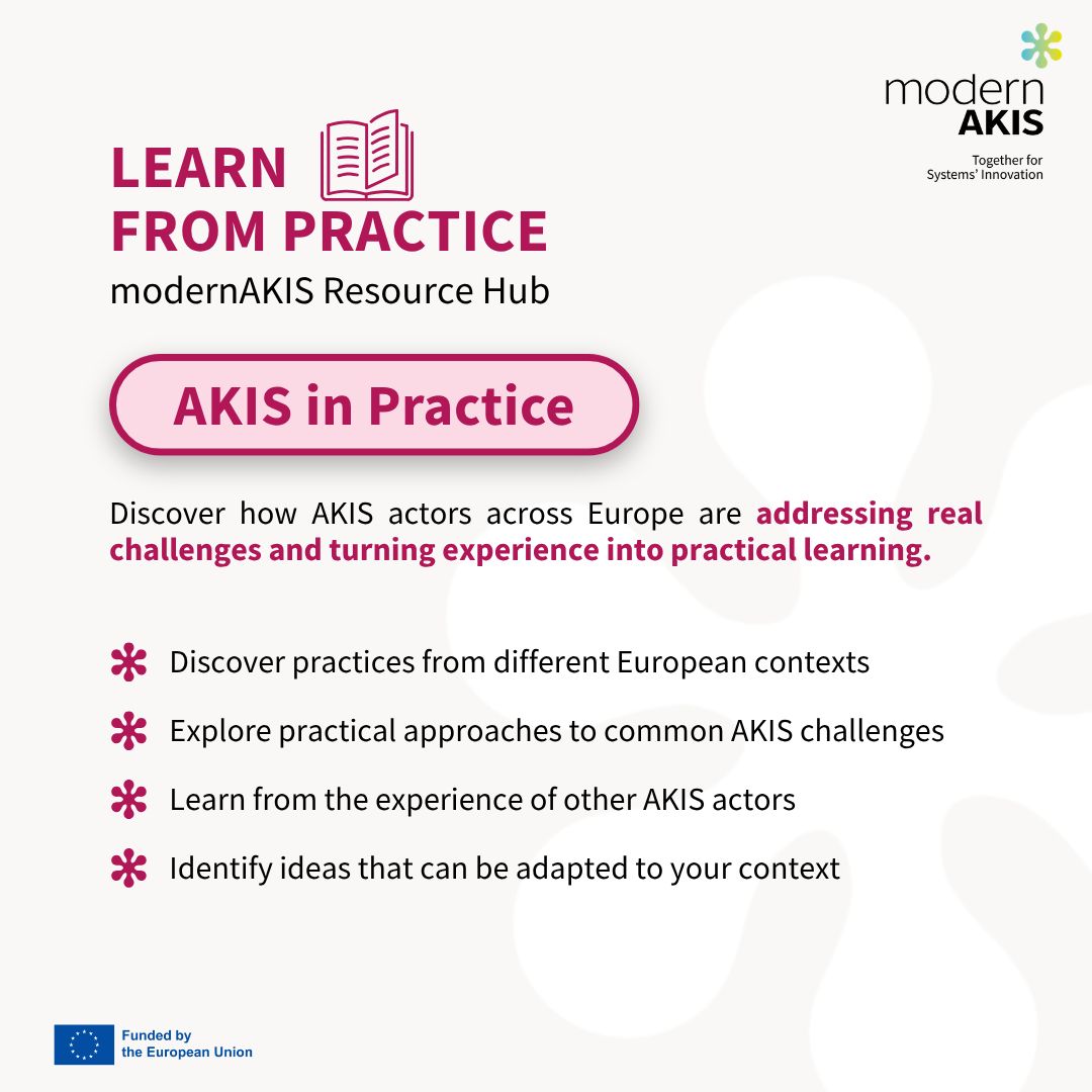 modernAKIS's tweet photo. 🌱Resource Hub | Learn From Practice

Explore real examples of how AKIS actors across Europe are strengthening collaboration, knowledge exchange &amp; innovation.

🔍Learn from experience and find ideas for your own AKIS context.

👉https://t.co/h7CHQBP49R 

#modernAKIS #AKISConnect https://t.co/Cv7mp0X0zO