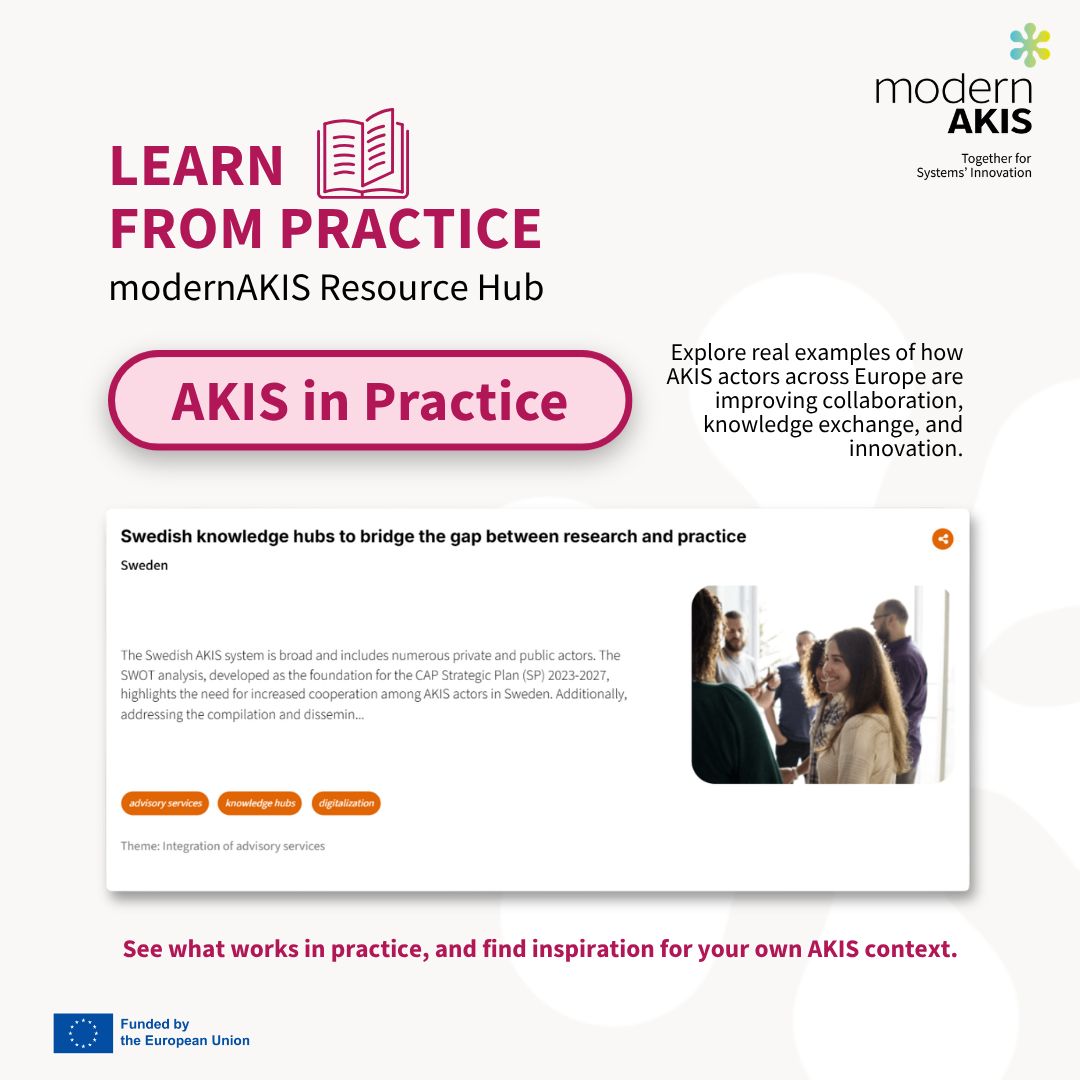 modernAKIS's tweet photo. 🌱Resource Hub | Learn From Practice

Explore real examples of how AKIS actors across Europe are strengthening collaboration, knowledge exchange &amp; innovation.

🔍Learn from experience and find ideas for your own AKIS context.

👉https://t.co/h7CHQBP49R 

#modernAKIS #AKISConnect https://t.co/Cv7mp0X0zO