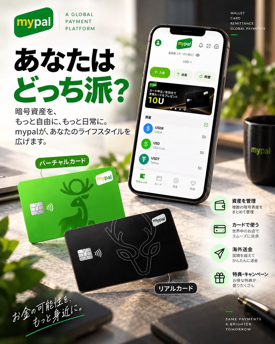 mypaljp's tweet photo. 🟢 MyPal Wallet

暗号資産を保管するだけじゃない。

💰 資産を管理
💳 カード決済につなげる
🌍 海外送金にも活用

「保有する」から
「実際に使う」へ。

MyPalで、暗号資産をもっと身近に。🌎

#MyPal #Crypto #Web3 https://t.co/m94eeZI5EF