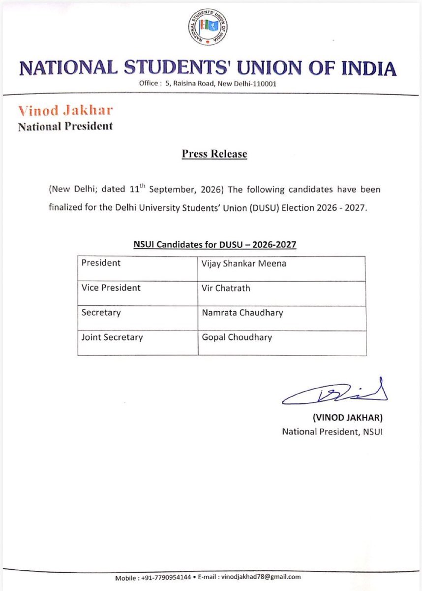 DharmbeerLamba's tweet photo. DUSU चुनाव 2026-27 के लिए NSUI के अधिकृत प्रत्याशी

अध्यक्ष : विजय शंकर मीणा 
उपाध्यक्ष : वीर चतरथ
सचिव : नम्रता चौधरी 
सह-सचिव : गोपाल चौधरी 

'छात्र हित सर्वोपरि' - आइए, एक समृद्ध, सुरक्षित और बेहतर दिल्ली विश्वविद्यालय के निर्माण में NSUI का हाथ मज़बूत करें।
#NSUI4DUSU ✌️ https://t.co/wFlLJgt67v