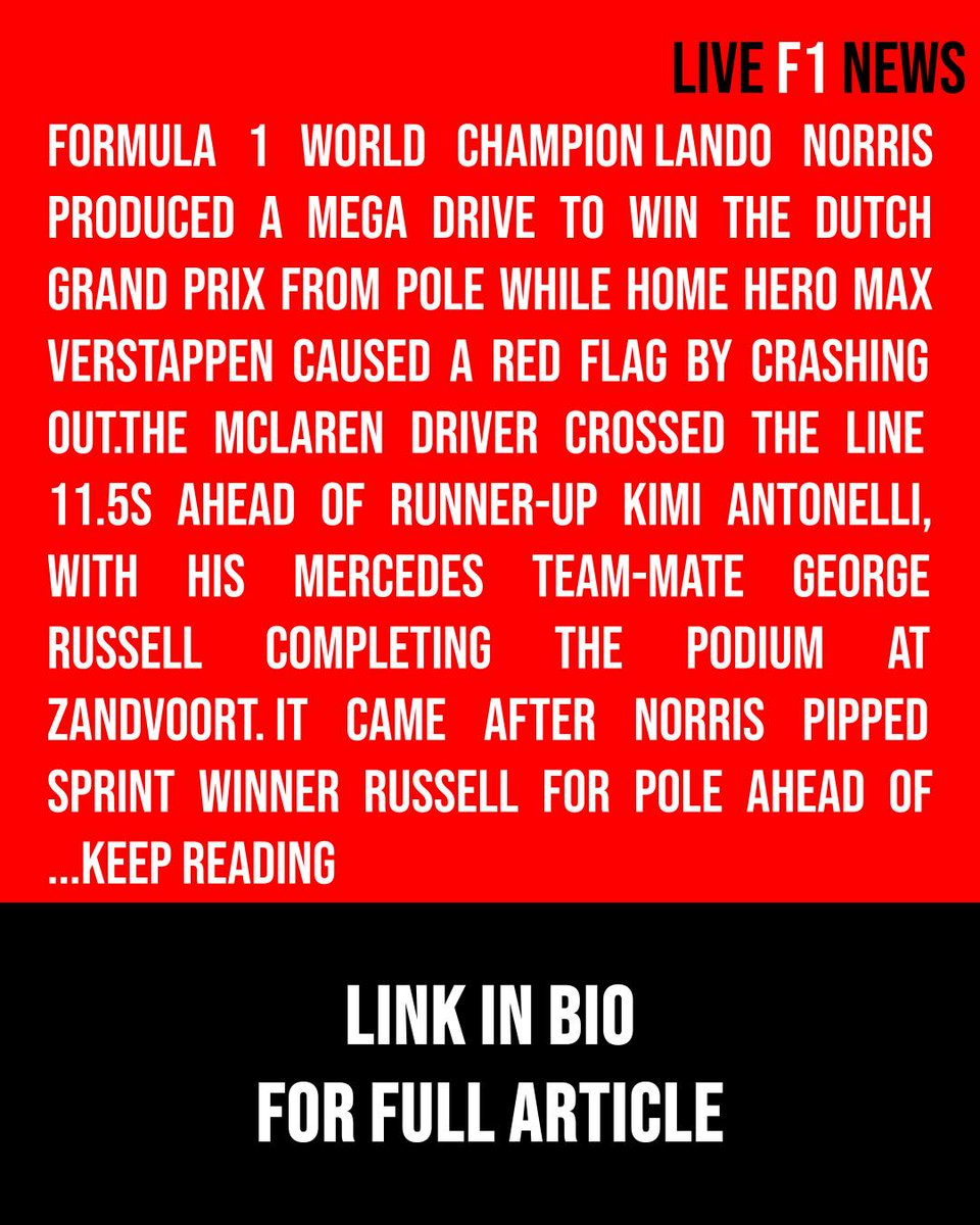 IngerZurawkukj's tweet photo. Live F1 News: Norris overtakes Antonelli to win the Dutch GP, while Verstappen suffers a heavy crash. https://t.co/binG3O46IE