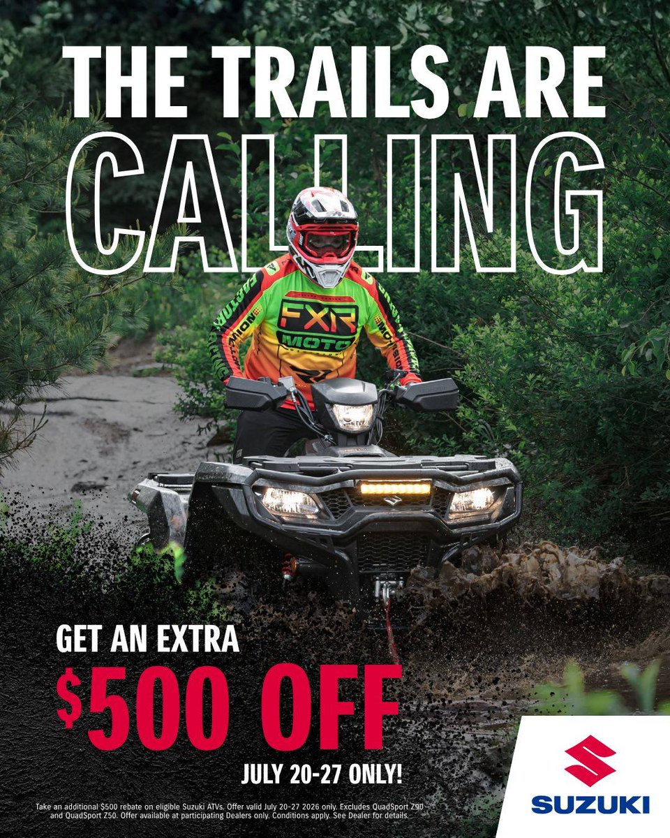 MarquittaSe2's tweet photo. The trails are calling. Answer the call. July 20–27: Get an extra $500 rebate on eligible Suzuki KingQuad models, stackable with other Suzuki Canada retail incentives. Visit your Suzuki dealer today. https://t.co/SO9F5I2OE9