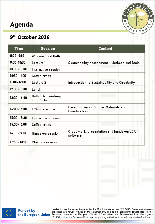 blades2build's tweet photo. 📢 The agenda is here!

👉 We are excited to unveil the tentative programme for the upcoming BLADES2BUILD Workshop: “Environmental Compliance and Sustainability Beyond Compliance for Circular WTB Solutions”, taking place on 8–9 October 2026 at RWTH Aachen University! 🌍♻️

📍 Across two intensive days, the workshop will connect environmental compliance with sustainability and circularity, combining expert knowledge with practical demonstrations, case studies, interactive discussions and hands-on activities.

🔬 Participants will explore key topics including regulatory frameworks and environmental compatibility, relevant standards and testing principles, leaching tests, organic and inorganic substance analysis, occupational health and safety, sustainability and circularity assessment, LCA in practice, and circular materials for construction.

🧪 From test demonstrations and analytical approaches to hands-on LCA and group work, the programme is designed to move beyond theory and create a space for meaningful knowledge exchange around the safe and sustainable circular use of wind turbine blade materials.

📅 8–9 October 2026

📍 RWTH Aachen University

🤝 Early registration & networking: 7 October

👉 Check out the full agenda and register here to join us: https://t.co/FZz6J9GEvA

😊 Be part of the discussion on how we can move from environmental compliance to sustainability beyond compliance and accelerate circular solutions for wind turbine blades. 🌱

#blades2build #windenergy #europeanunion #horizoneurope #innovation #project #energy #circulareconomy #recycle #reuse #repurpose #composites #decarbonisation #europe #europeancommission #sustainability #industry