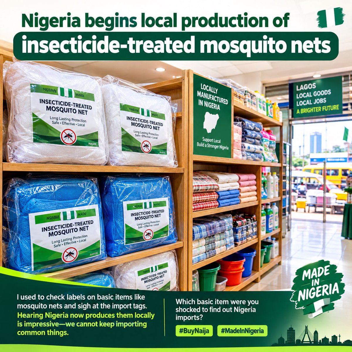Emmaomeje28's tweet photo. I used to check labels on basic items like mosquito nets and sigh at the import tags. Hearing Nigeria now produces them locally is impressive—we cannot keep importing common things. Which basic item were you shocked to find out Nigeria imports? #BuyNaija #MadeInNigeria https://t.co/OcIEKnAxol
