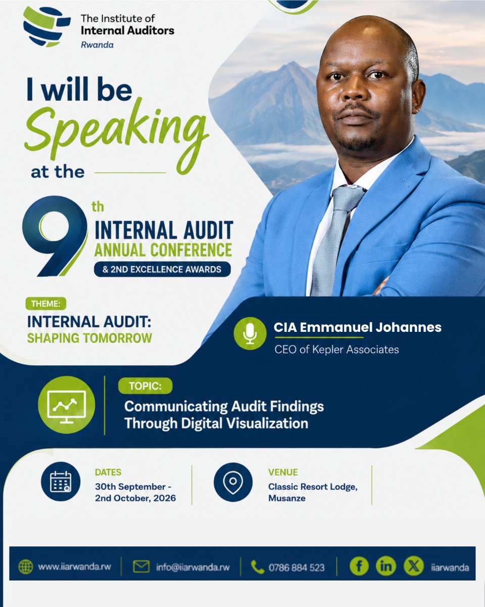 iiarwanda's tweet photo. Get ready to be inspired!

Welcome CIA Emmanuel Johannes as a speaker at the #9thIAAC, organized by IIA Rwanda.

He will speak on  “Communicating Audit Findings through Digital Visualization” 

Don't miss! register via https://t.co/G9rzujN4Es https://t.co/bZ4VUvKq7G