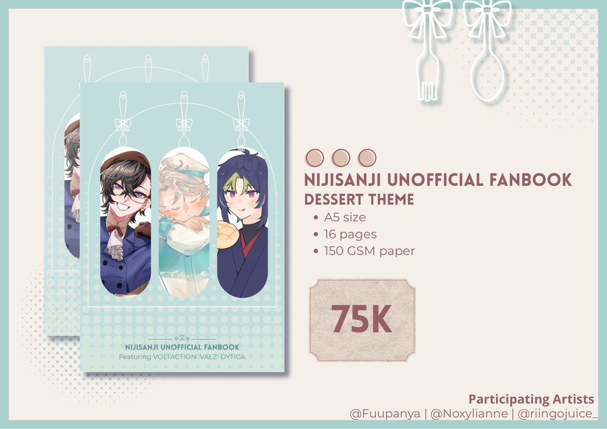 fuupanya's tweet photo. [❤️ and 🔁 appreciated!]

We will be selling Nijisanji unofficial illustration book featuring VOLTACTION, VALZ, and DYTICA!
This book is a collaborative work of me, @Noxylianne, and @riingojuice_ ✨️

#COCOMA5 #cocoma5catalogue https://t.co/NDQVhYPEdV