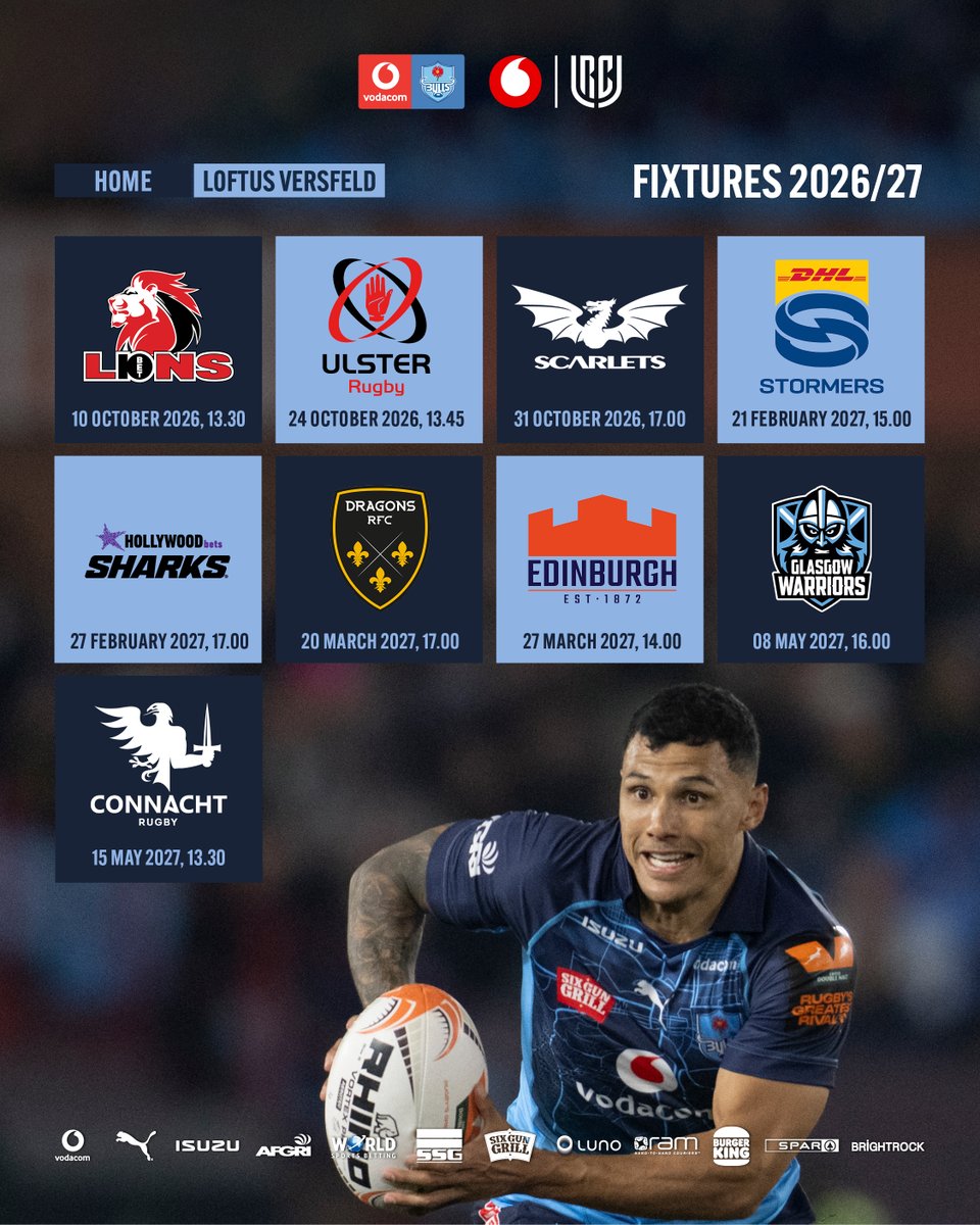BlueBullsRugby's tweet photo. All 9โฃ Vodacom Bulls @Vodacom URC season home match tickets ๐๏ธ are now on sale!
The road through the @URCOfficial_RSA is mapped out, and every home battle leads to one place, Fortress Loftus
Visit ๐ https://t.co/M6JPW2iIxH
#DestinationLoftus https://t.co/fbHnbWqJbs