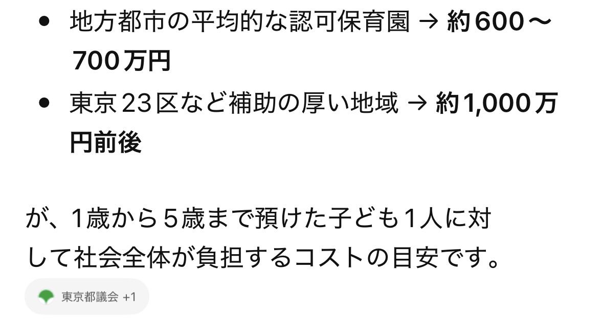 juygipmakeinuks's tweet photo. 計算雑すぎ

東京都の水準
1歳児：約302万円
2歳児：約302万円
3歳児：約223万円
4歳児：約198万円
5歳児：約198万円

合計 約1,223万円 

学童は200万円前後か。

ワーママが生涯子ども抱えたままずっと働ける保証は？専業がずっと無職のままでいる根拠は？ https://t.co/jxXNJI6yZb