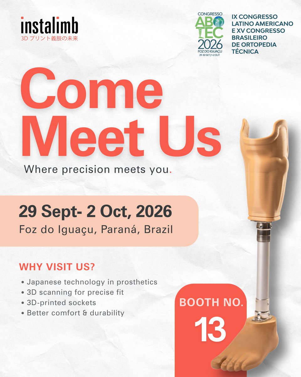 Instalimbindia's tweet photo. We’re heading to ABOTEC 2026 in Brazil! 🇧🇷

Meet instalimb at Booth 13 starting from 29 Sept - 2 Oct in Foz do Iguaçu, Brazil and discover how Japanese technology, 3D scanning and 3D-printed sockets are shaping the future of prosthetics.

#Instalimb #ABOTEC #Prosthetics https://t.co/PjhaTfYrGG
