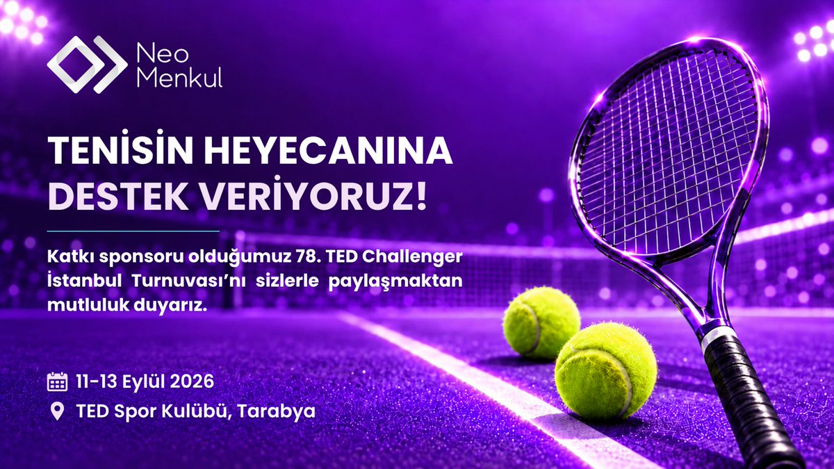 NeoMenkul's tweet photo. 🎾 Tenisin heyecanına destek veriyoruz!

Dünyanın farklı ülkelerinden başarıl�� tenisçileri bir araya getiren 78. TED Challenger İstanbul Turnuvası’nın katkı sponsorları arasında yer almaktan mutluluk duyuyoruz. 💜 

��� 11–13 Eylül 2026
📍 TED Spor Kulübü, Tarabya

Kortta azimle mücadele edecek tüm sporculara başarılar diliyoruz. 🏆