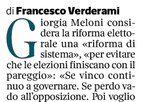 vitalbaa's tweet photo. Altra presa in giro di Meloni riguardo alla legge elettorale in via di approvazione.

Se né il centrodestra né il cosiddetto campo largo raggiungessero il 42 per cento, il premio non scatterebbe e i seggi sarebbero ripartiti proporzionalmente.

Quindi, il "pareggio" è non solo possibile, ma anche probabile, considerati i nuovi scenari, per cui ci si potrebbe trovare nella palude degli accordi post voto. Proprio quella palude che Meloni finge sia scongiurata dallo Stabilicum.