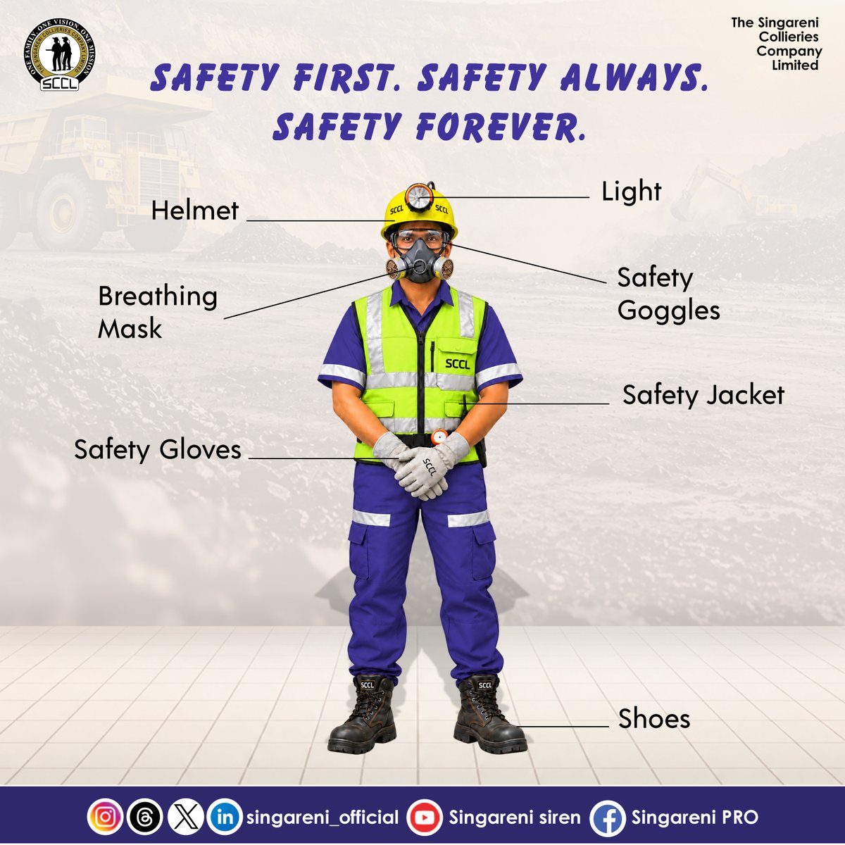 PRO_SCCL's tweet photo. Safety First. Safety Always. Safety Forever. 🦺⛑️
At Singareni, safety is not just a rule—it is a responsibility. Every miner must use the right Personal Protective Equipment (PPE) to stay protected while at work.
#SafetyFirst #SafetyAlways #Singareni #SCCL #MineSafety #CoalMining #PPE #SafetyAtWork #ZeroAccidents #SafeSingareni #SafetyCulture