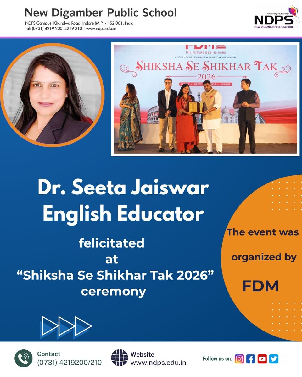 NewDigamber's tweet photo. Celebrating Excellence in Education! Dr. Seeta Jaiswar and Ms. Ira Dubey were felicitated for their outstanding contribution to teaching at “Shiksha Se Shikhar Tak 2026,” organised by FDM on Sept. 6. A proud and inspiring achievement! https://t.co/NlGctr8YEp