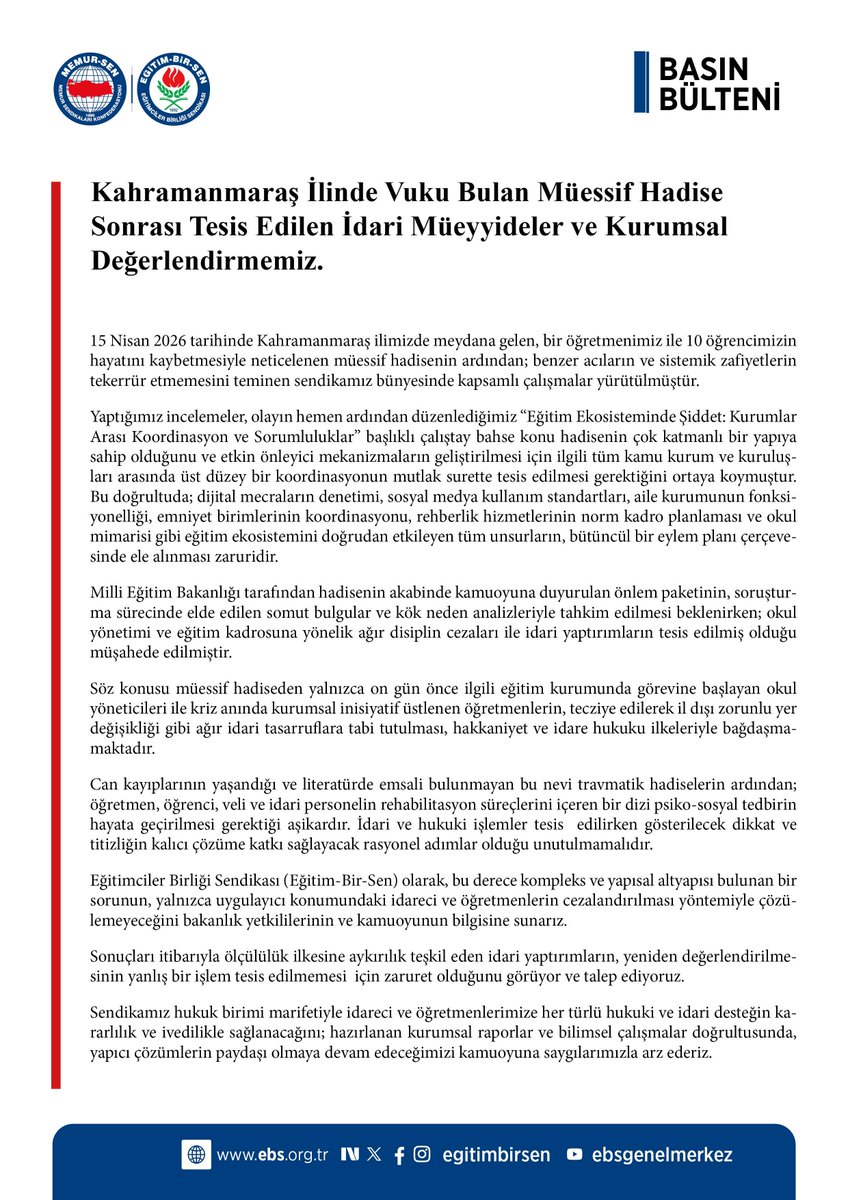 EgitimBirSen's tweet photo. Kahramanmaraş İlinde Vuku Bulan Müessif Hadise Sonrası Tesis Edilen İdari Müeyyideler ve Kurumsal Değerlendirmemiz https://t.co/cFTdu9aEJ2