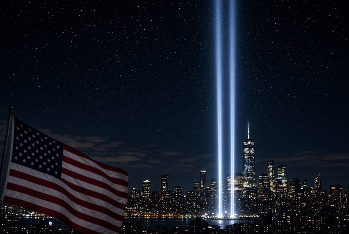 GuntherEagleman's tweet photo. Never Forget.

Twenty-five years ago this morning, America was attacked. Nearly 3,000 innocent people were murdered in New York, at the Pentagon, and in a Pennsylvania field. First responders ran toward the fire while the rest of the country watched in horror. Passengers on Flight 93 fought back and stopped the fourth plane from reaching its target. 
The towers fell. 

The Pentagon burned. A field in Shanksville became sacred ground. What did not fall was the American spirit.

We remember the 343 FDNY firefighters, the police officers, the Port Authority officers, the EMTs, and every civilian who helped a stranger that day. 

We remember the families who still live with the empty chairs. 

We remember those who later died from the toxins they breathed while searching the pile. 

We remember that ordinary people became heroes in a single morning. 

Tonight the Tribute in Light will again send two beams into the New York sky, standing in for the towers that once stood there. Across the country there will be names read, bells rung, and moments of silence. That is right. Memory is not optional. 

We do not forget what was done to us. We do not forget who we are. We do not forget the men and women who ran toward the danger so others could live.

Never forget.
Never again.

God Bless the fallen, their families, and the United States of America. 🇺🇸