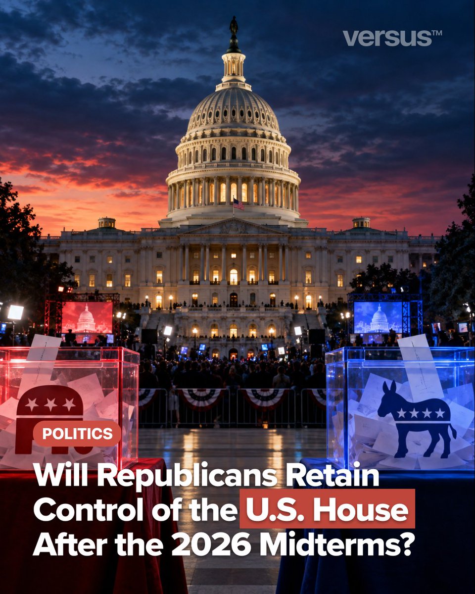versusapp's tweet photo. The 2026 midterms are already shaping up as a major test for President Trump and the Republican Party. With control of the U.S. House on the line, every seat could matter.

Will Republicans retain control of the House?

Make your prediction on versus: https://t.co/VS5urHweQt

#PredictionMarkets #USPolitics #MidtermElections #Election2026
