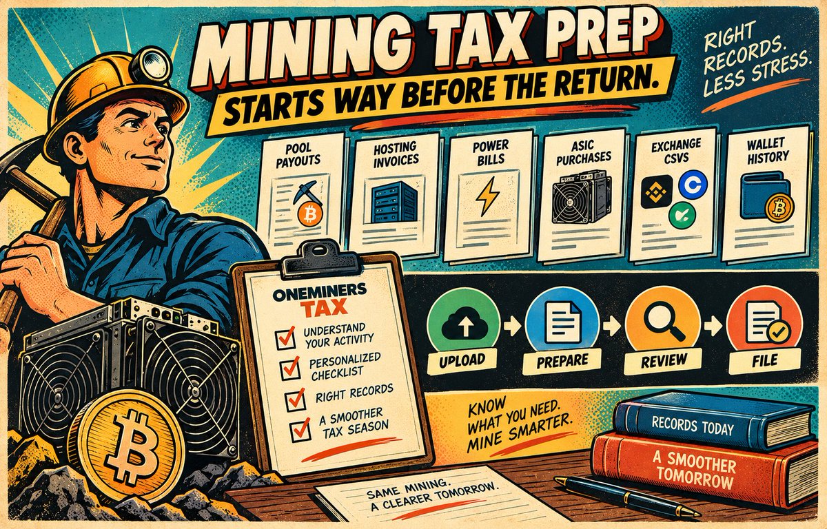 blaise_vautrin's tweet photo. Mining tax prep starts way before the return. ⛏️📄

Pool payouts.
Hosting invoices.
Power bills.
ASIC purchases.
Exchange CSVs.
Wallet history.

OneMiners Tax maps out what you actually need first.

Then: Upload → Prepare → Review → File.
#OneMiners #MiningTax https://t.co/Jn3g6JQ75N