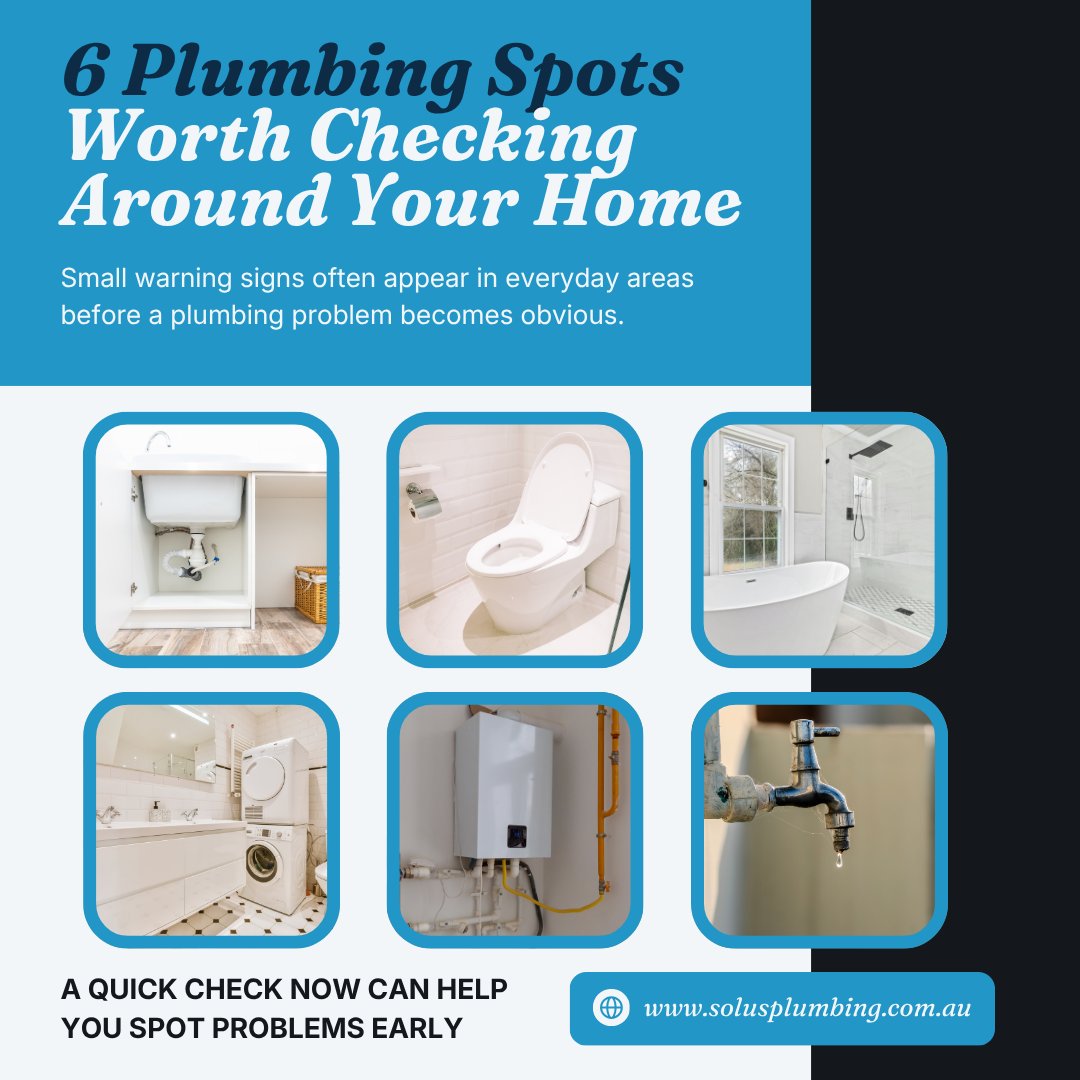 solusplumbing's tweet photo. Try a quick home plumbing check: kitchen sink, toilet, bathroom, laundry, hot water system and outdoor taps. Spotting small warning signs early can help. Solus Plumbing can investigate anything unusual.

#HomePlumbing #PlumbingTips https://t.co/20HC9K5lKO