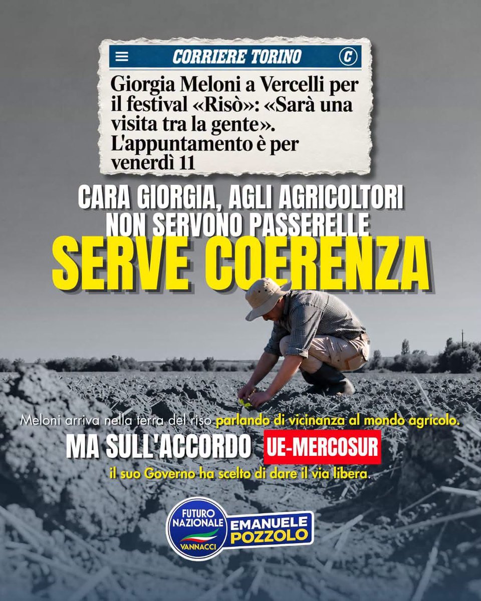 EmanuelePozzolo's tweet photo. Meloni celebra il riso italiano a Vercelli, ma sul Mercosur il Governo deve spiegare il suo sì. Vannacci ha detto no a Bruxelles. Gli agricoltori meritano fatti, non passerelle! 🇮🇹 https://t.co/fLqpwbmjxU