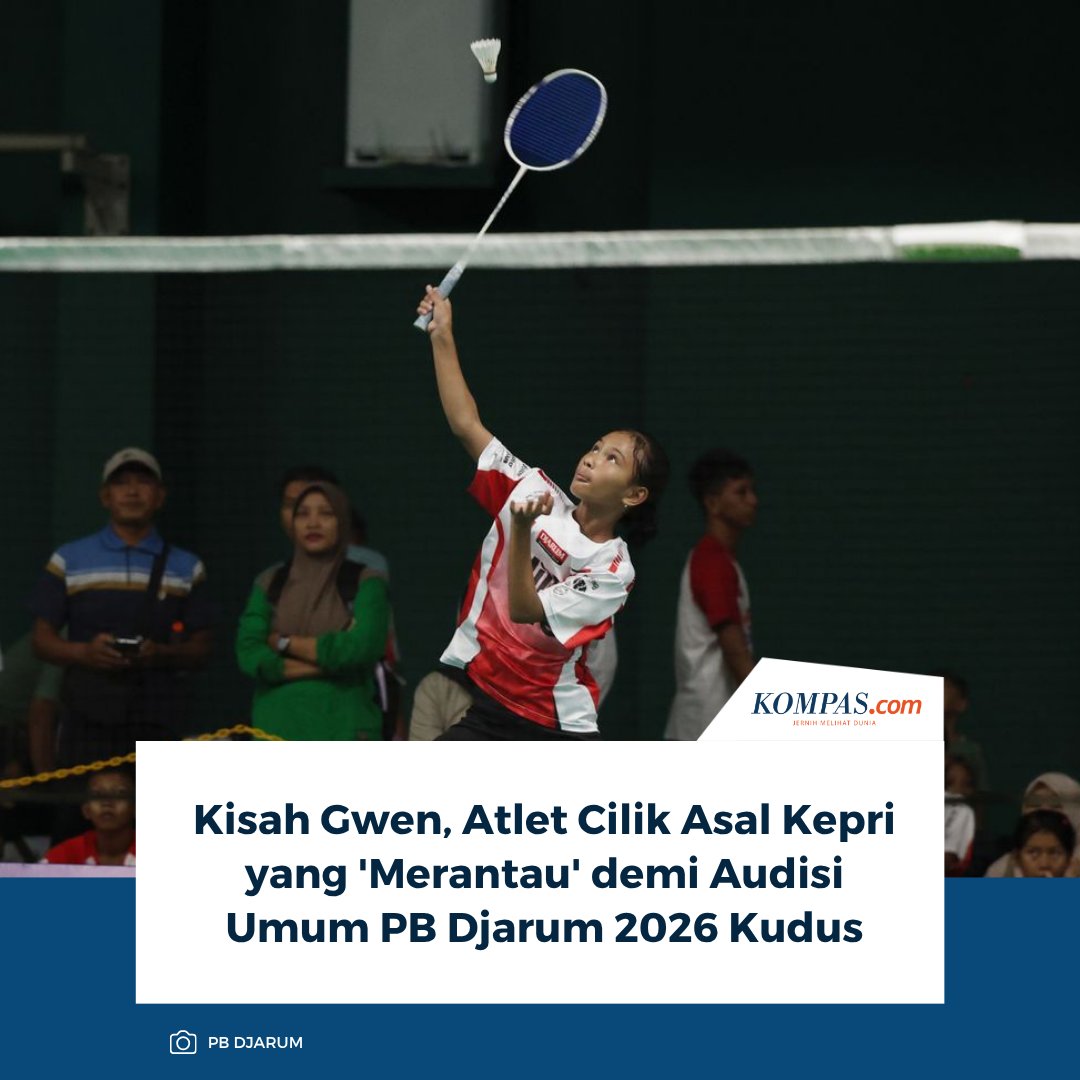 kompascom's tweet photo. Baca di sini: https://t.co/LSgvh9zXdU

Perjalanan Fiendiziya Gwen Fernandes menuju Audisi Umum PB Djarum 2026 Kudus dimulai jauh dari kampung halamannya di Tanjungpinang, Kepulauan Riau.

~RZ #Gwen #Atlet #Kepri #AudisiUmum #PB https://t.co/AZPTy7T4tD