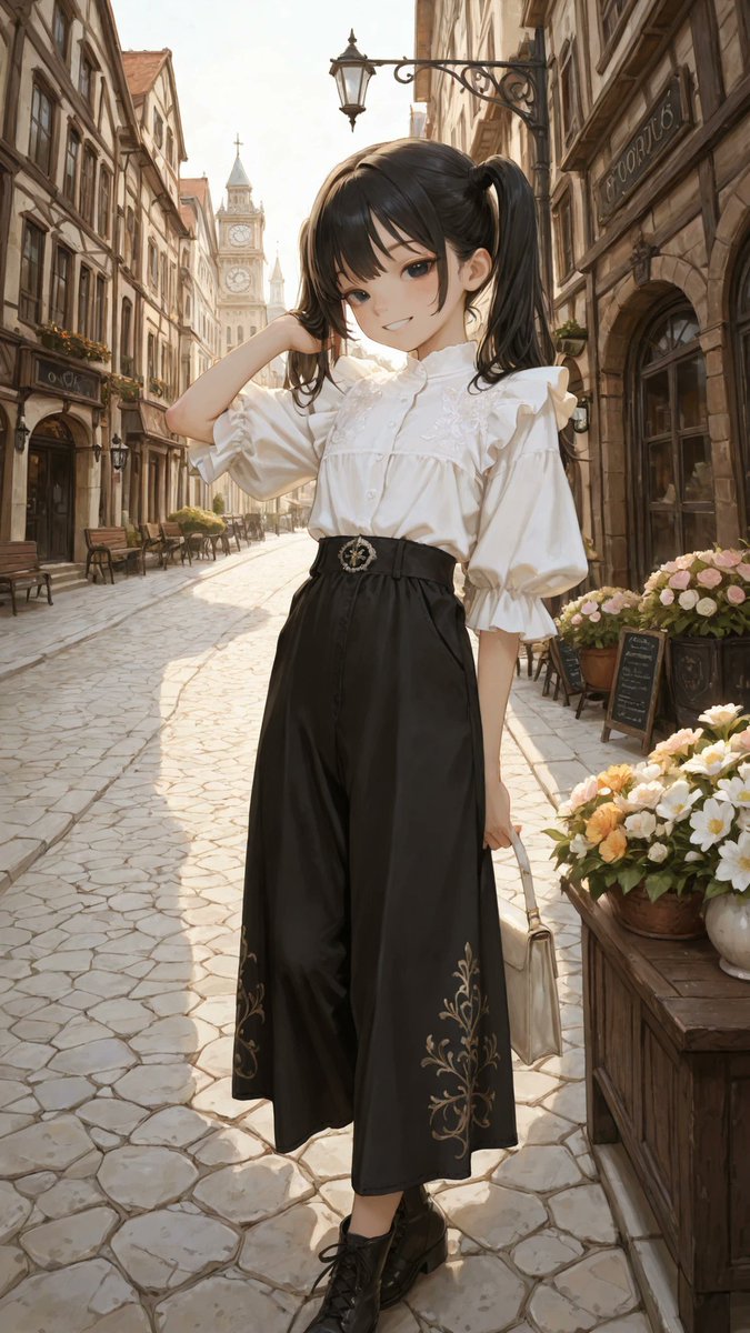 AliceLavli's tweet photo. ジャンボブラウスとワイドパンツのコーデの衣装プロンプトをどうぞ✨
outfit only, strict garment structure, strict color placement, separate ivory-white chiffon blouse and black high-waisted wide-leg trousers, fitted ivory blouse with an opaque lined torso, high round stand collar finished with a narrow gathered ruffle, one small pearl button at the throat, vertical row of small ivory buttons down the center front, elaborate layered ivory lace jabot covering the upper chest, two symmetrical scalloped lace panels framing a central cascade of soft ruffles, long semi-sheer chiffon sleeves with softly gathered shoulders, slim upper sleeves widening below the elbows, one broad circular flounce around each elbow, gathered lower sleeves ending in wide double-layer flared ruffle cuffs, narrow ivory lace edging along every ruffle, blouse tucked completely into the trousers, separate black full-length palazzo trousers with fine evenly spaced charcoal-gray vertical pinstripes, very high fitted waist, wide solid-black waistband, ornate antique-silver floral buckle centered at the front waist, straight extremely wide legs falling to the ankles, one decorative black floral-lace inset at the outer knee, small muted violet and blue floral embroidery placed near the opposite lower leg, fixed colors: ivory white for the entire blouse, black and charcoal gray for the entire trousers, antique silver only for the waist buckle, fair porcelain skin with a cool pale undertone
