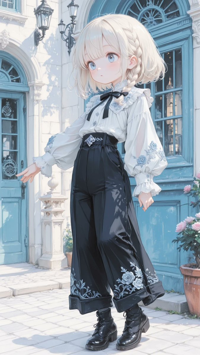AliceLavli's tweet photo. ジャンボブラウスとワイドパンツのコーデの衣装プロンプトをどうぞ✨
outfit only, strict garment structure, strict color placement, separate ivory-white chiffon blouse and black high-waisted wide-leg trousers, fitted ivory blouse with an opaque lined torso, high round stand collar finished with a narrow gathered ruffle, one small pearl button at the throat, vertical row of small ivory buttons down the center front, elaborate layered ivory lace jabot covering the upper chest, two symmetrical scalloped lace panels framing a central cascade of soft ruffles, long semi-sheer chiffon sleeves with softly gathered shoulders, slim upper sleeves widening below the elbows, one broad circular flounce around each elbow, gathered lower sleeves ending in wide double-layer flared ruffle cuffs, narrow ivory lace edging along every ruffle, blouse tucked completely into the trousers, separate black full-length palazzo trousers with fine evenly spaced charcoal-gray vertical pinstripes, very high fitted waist, wide solid-black waistband, ornate antique-silver floral buckle centered at the front waist, straight extremely wide legs falling to the ankles, one decorative black floral-lace inset at the outer knee, small muted violet and blue floral embroidery placed near the opposite lower leg, fixed colors: ivory white for the entire blouse, black and charcoal gray for the entire trousers, antique silver only for the waist buckle, fair porcelain skin with a cool pale undertone