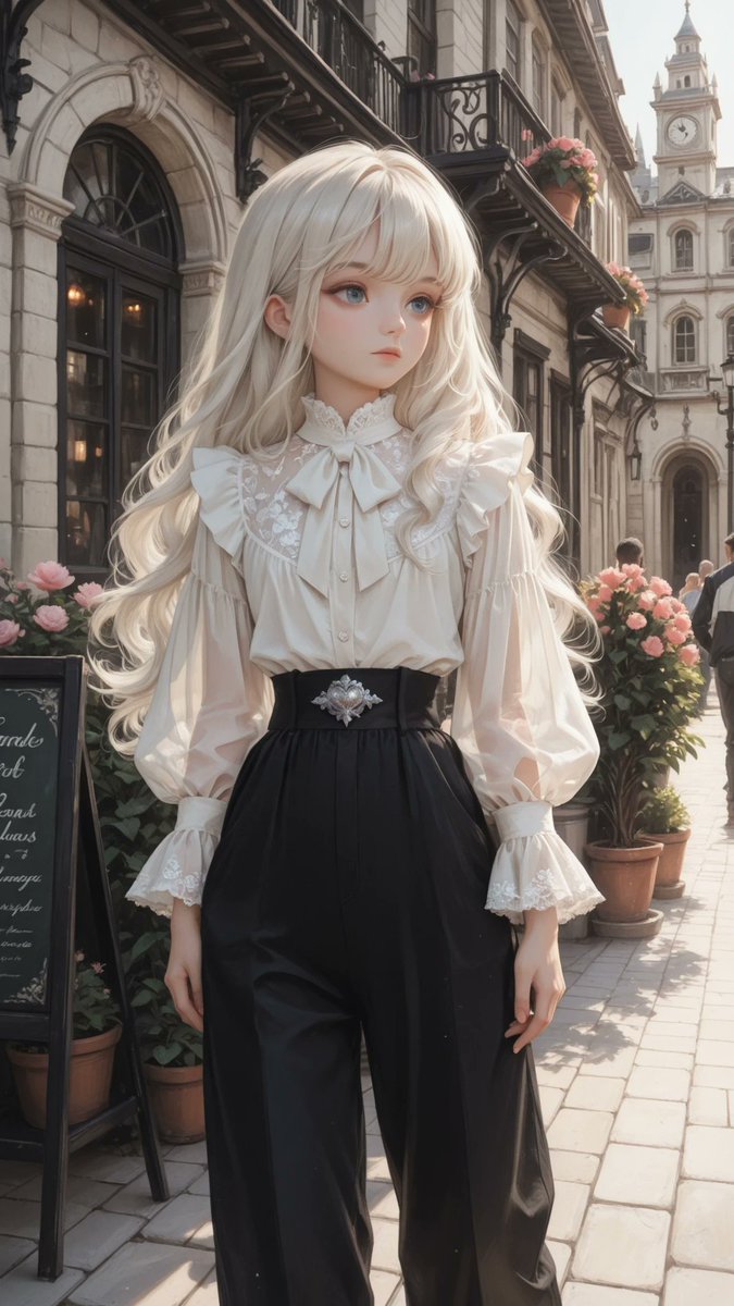 AliceLavli's tweet photo. ジャンボブラウスとワイドパンツのコーデの衣装プロンプトをどうぞ✨
outfit only, strict garment structure, strict color placement, separate ivory-white chiffon blouse and black high-waisted wide-leg trousers, fitted ivory blouse with an opaque lined torso, high round stand collar finished with a narrow gathered ruffle, one small pearl button at the throat, vertical row of small ivory buttons down the center front, elaborate layered ivory lace jabot covering the upper chest, two symmetrical scalloped lace panels framing a central cascade of soft ruffles, long semi-sheer chiffon sleeves with softly gathered shoulders, slim upper sleeves widening below the elbows, one broad circular flounce around each elbow, gathered lower sleeves ending in wide double-layer flared ruffle cuffs, narrow ivory lace edging along every ruffle, blouse tucked completely into the trousers, separate black full-length palazzo trousers with fine evenly spaced charcoal-gray vertical pinstripes, very high fitted waist, wide solid-black waistband, ornate antique-silver floral buckle centered at the front waist, straight extremely wide legs falling to the ankles, one decorative black floral-lace inset at the outer knee, small muted violet and blue floral embroidery placed near the opposite lower leg, fixed colors: ivory white for the entire blouse, black and charcoal gray for the entire trousers, antique silver only for the waist buckle, fair porcelain skin with a cool pale undertone