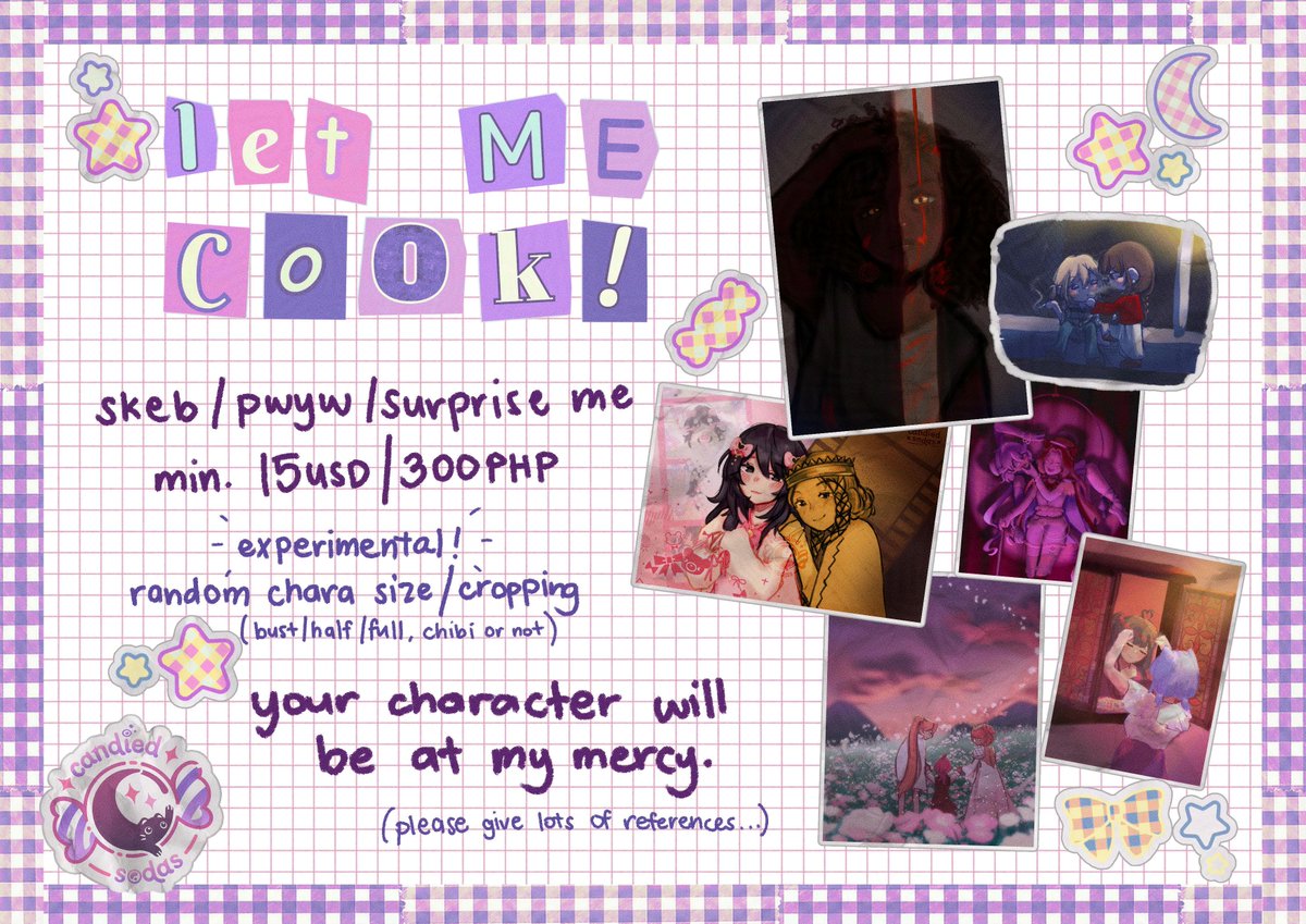 candiedsodas's tweet photo. 🌟 COMMS OPEN!! (˶ˆᗜˆ˵) 💜 + ↻ appreciated!

feel free to dm or email me for anything not listed, or if you have any other questions!! 
⬇️ more in replies! https://t.co/kwppiihIBZ