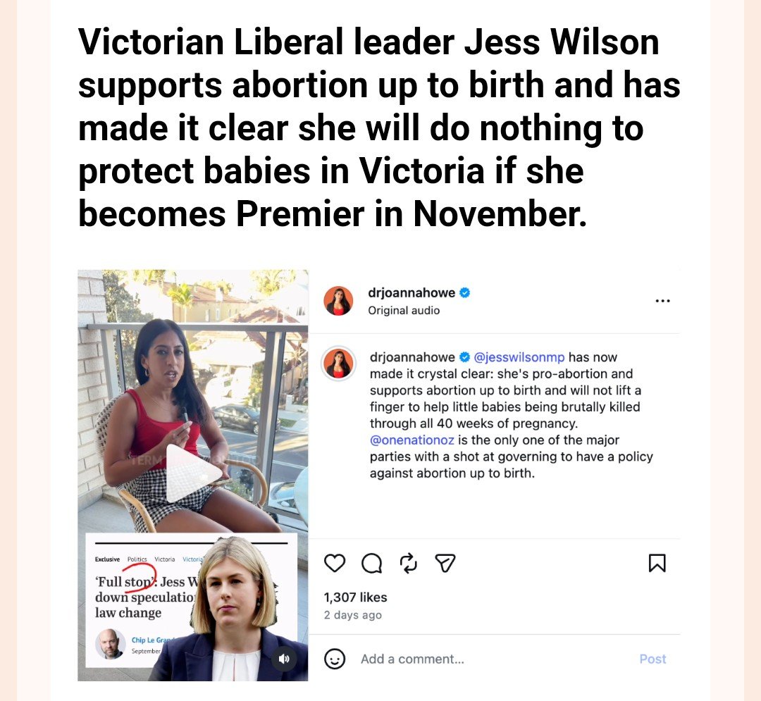 JimThom90458694's tweet photo. This week we exposed something deeply disturbing: 

Vote One Nation.

Victorian Liberal leader Jess Wilson supports abortion up to birth and has made it clear she will do nothing to protect babies in Victoria if she becomes Premier in November.

This is completely unacceptable from someone who leads a party that is supposed to be on the conservative side of politics.

What is the point of gaining power if you fail to use it to do good?

Abortion is legal throughout all 40 weeks of pregnancy in Australia. In the womb, unborn babies have no legal protection.

And yet, when given the opportunity to stand up for the most vulnerable human beings in our society, Jess Wilson has chosen not to.

If a Liberal leader is unwilling to even consider protecting babies from abortion late in pregnancy, we have to ask: what has happened to the modern Liberal Party?

I am grateful that Victorian One Nation leader Warren Pickering has stood up for these babies, attending the March For Babies in Victoria in previous years in support of protecting unborn children.

This week, Warren has endured not one, but five media hit pieces in The Australian.

I encourage you to watch my explosive episode of The Dr Jo Show, where I unpack why they are coming after Warren so hard and expose the vicious claims being made against him.