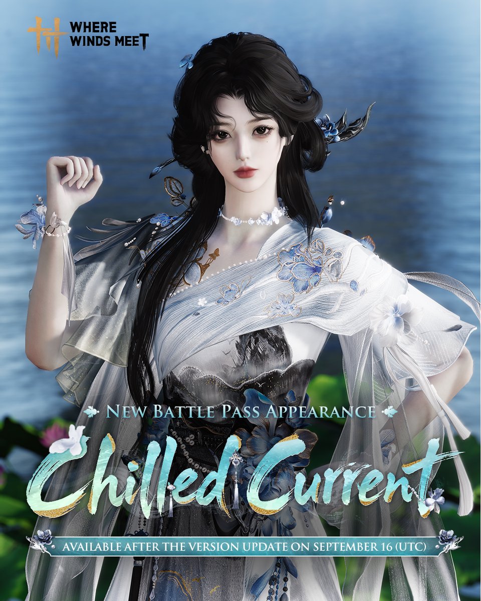 WhereWindsMeet_'s tweet photo. Currents wash the jade, shattered light stirs the gold, and a homebound boat drifts into the misty haze.

New Battle Pass Set: Chilled Current arrives after the September 16 update, available until October 15, 4:59 (UTC+8).
#WhereWindsMeet https://t.co/tsJMWisrzX