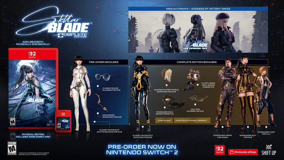 StellarBlade's tweet photo. All previously released content, including the NieR:Automata and GODDESS OF VICTORY: NIKKE DLCs, complete on cartridge.

Stellar Blade Complete Edition releases on Nintendo Switch 2 on November 5 at 07:00 PST / 15:00 GMT (November 6 at 00:00 KST/JST) https://t.co/aWp5D2FbZy