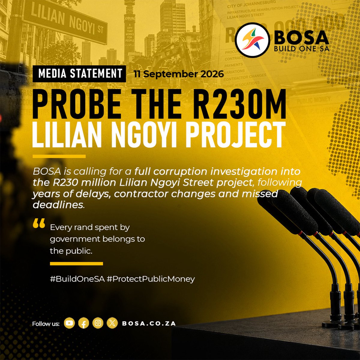 BuildOneSA's tweet photo. BOSA calls for corruption investigation into R230 million Lilian Ngoyi street project as it unveils Johannesburg election posters.
#BuildJoburg #Nobuntu4Mayor https://t.co/EcuiSZOlxp