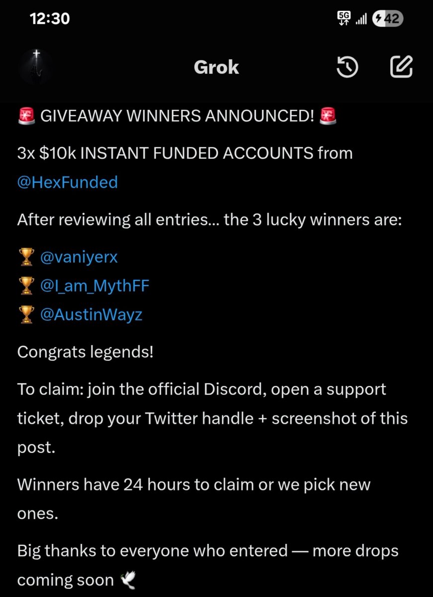 merci__mon_dieu's tweet photo. 🚨 GIVEAWAY WINNERS ANNOUNCED! 🚨

3x $10k INSTANT FUNDED ACCOUNTS from @HexFunded

After reviewing all entries… the 3 lucky winners are:

🏆 @vaniyerx
🏆 @I_am_MythFF
🏆 @AustinWayz

Congrats legends!

To claim: join the official Discord, open a support ticket, drop your Twitter handle + screenshot of this post.

Winners have 24 hours to claim or we pick new ones.