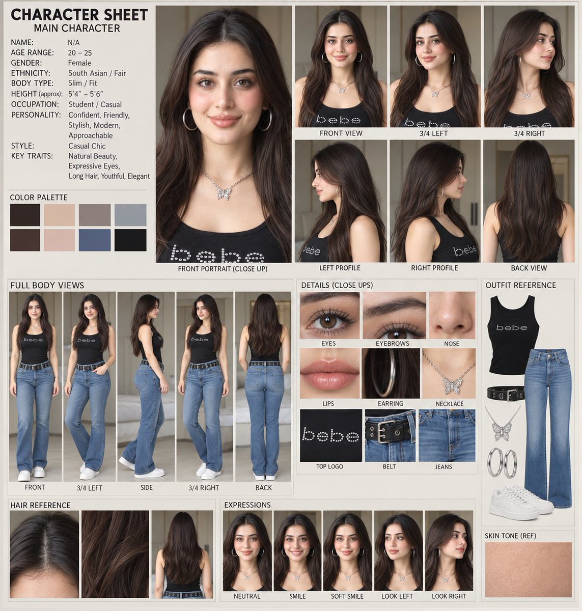 meAsifAi's tweet photo. Created with @FlowbyGoogle 
Character Sheet Prompt :
Create a professional, ultra-photorealistic CHARACTER CONSISTENCY SHEET using the uploaded reference image as the ONLY source for the character's identity.

IMPORTANT — IDENTITY LOCK:
The uploaded reference image is the definitive identity reference. Reproduce the EXACT SAME PERSON throughout the entire character sheet.

Do NOT redesign, beautify, reinterpret, or replace the character.

Preserve with maximum accuracy:
- exact facial identity
- facial structure and proportions
- eyes, eye shape and iris color
- eyebrows and natural brow shape
- nose shape and proportions
- lips, mouth shape and fullness
- cheeks, jawline and chin
- skin tone and natural skin texture
- age appearance
- hairline
- exact hair color, length, texture and hairstyle
- body proportions and physique
- distinctive facial characteristics

CHARACTER SHEET LAYOUT:

Create one clean, professional reference-board image containing:

1. LARGE FRONT PORTRAIT / FACE CLOSE-UP
2. FRONT VIEW
3. 3/4 LEFT VIEW
4. 3/4 RIGHT VIEW
5. LEFT PROFILE
6. RIGHT PROFILE
7. BACK VIEW
8. FULL-BODY FRONT VIEW
9. FULL-BODY 3/4 VIEW
10. FULL-BODY SIDE VIEW
11. FULL-BODY BACK VIEW
12. NEUTRAL EXPRESSION
13. NATURAL SMILE
14. SOFT SMILE
15. LOOKING LEFT
16. LOOKING RIGHT
17. EYE CLOSE-UP
18. EYEBROW CLOSE-UP
19. NOSE CLOSE-UP
20. LIPS CLOSE-UP
21. HAIR CLOSE-UP
22. ACCESSORIES CLOSE-UP
23. OUTFIT / CLOTHING REFERENCE
24. COLOR PALETTE / SKIN-TONE REFERENCE

CONSISTENCY:
Every panel must show the SAME person.

Keep facial identity, proportions, hairstyle, skin tone and physical characteristics consistent across every angle, pose and expression.

For views not clearly visible in the reference, intelligently reconstruct the character while staying strictly faithful to the visible reference. Do not invent major distinguishing features.

PRESENTATION:
Premium professional film-production character bible / modeling reference sheet.
Clean editorial layout.
Neutral studio background.
Soft realistic studio lighting.
Sharp facial details.
Natural skin pores and texture.
Individual hair strands.
Realistic fabric and accessories.
Accurate human anatomy.
Consistent camera perspective.
Clean thin borders between panels.
Professional labels underneath each view.
Minimal elegant typography.
High-end fashion/model reference aesthetic.

PHOTOREALISM:
Ultra-photorealistic.
Real human appearance.
Natural skin texture.
Realistic eyes.
Physically accurate hair.
Natural shadows.
Realistic proportions.
No CGI appearance.
No plastic skin.
No doll-like face.
No artificial beauty-face replacement.

NEGATIVE PROMPT:
different person, different face, face morphing, identity drift, altered facial structure, different eyes, different nose, different lips, different jawline, different skin tone, different hairstyle, inconsistent body proportions, duplicate person, distorted anatomy, asymmetrical face, plastic skin, waxy skin, CGI, 3D render, cartoon, anime, illustration, over-beautification, excessive makeup, unrealistic eyes, blurry face, low detail, extra fingers, missing fingers, malformed hands, bad anatomy.

OUTPUT:
One complete, highly detailed professional CHARACTER CONSISTENCY SHEET in a single image, suitable as a master reference for generating consistent images and videos of this character.