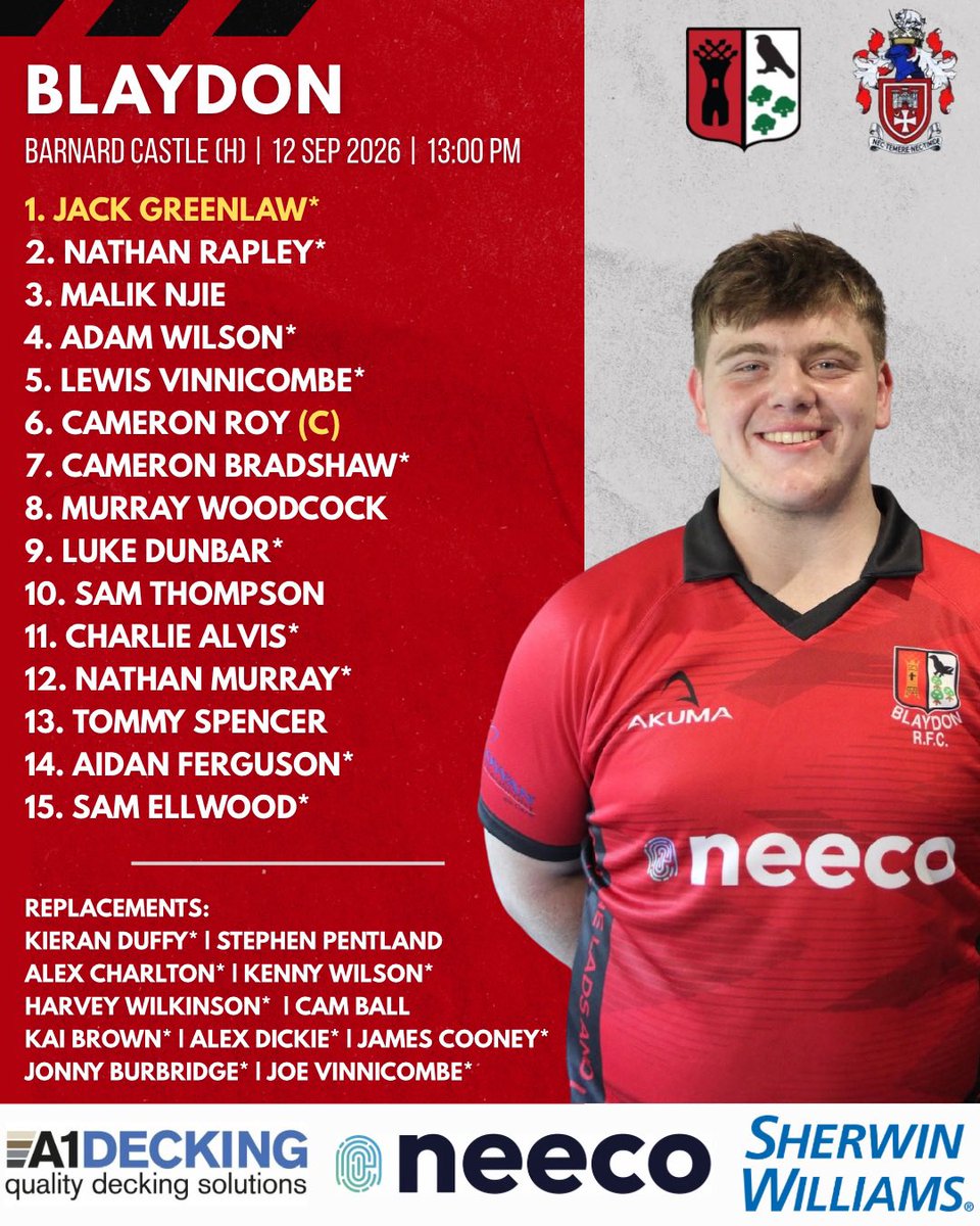BlaydonRFC's tweet photo. 🔴⚫️ TEAM ANNOUNCEMENT | PRE-SEASON ⚫️🔴

We welcome Barnard Castle to Crow Trees for our second pre-season fixture! 

Dr Roy captains the side. 

📅 Saturday 12th September
⏰ 13:00 KO — EARLY KICK-OFF
📍 Crow Trees | NE16 3BN https://t.co/5YM1Yc9AHQ