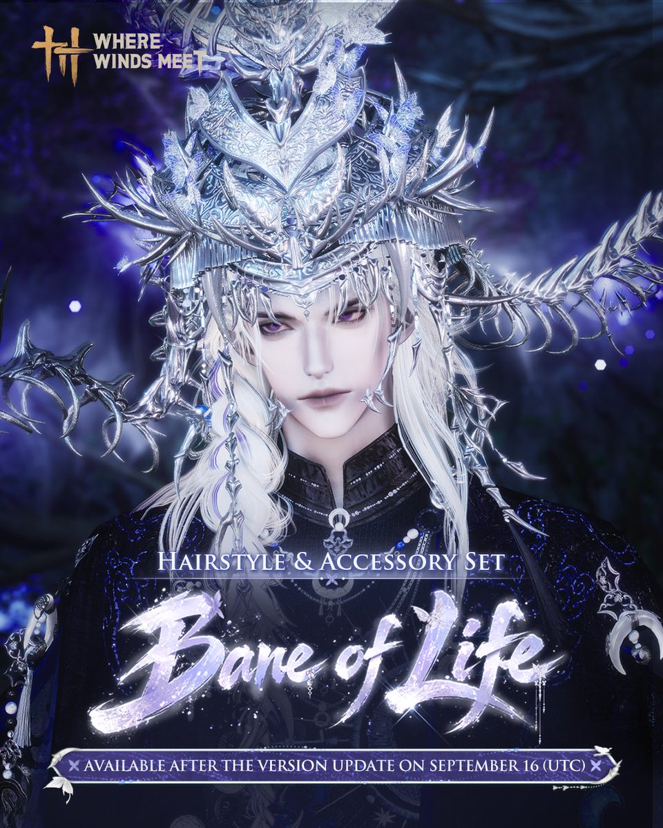 WhereWindsMeet_'s tweet photo. Amid mortal dust, white bones lie lifeless; a thousand miles of spring turn to autumn in a breath.

New Draw Hairstyle &amp; Accessory Set: Bane of Life arrives after the September 16 update, available until December 15, 4:59 (UTC+8).
#WhereWindsMeet https://t.co/Xy39AeIFM1