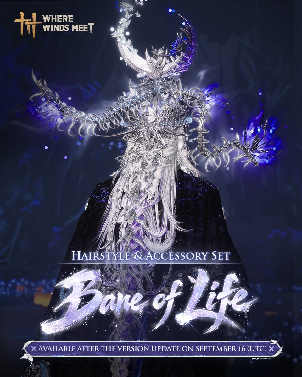 WhereWindsMeet_'s tweet photo. Amid mortal dust, white bones lie lifeless; a thousand miles of spring turn to autumn in a breath.

New Draw Hairstyle &amp; Accessory Set: Bane of Life arrives after the September 16 update, available until December 15, 4:59 (UTC+8).
#WhereWindsMeet https://t.co/Xy39AeIFM1