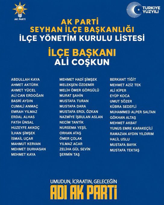 CanpolatOlga's tweet photo. AK Parti Seyhan İlçe Başkanlığı görevine seçilen Sayın Ali Coşkun’u ve kıymetli İlçe Yönetim Kurulu üyelerimizi gönülden tebrik ediyorum.

Cumhurbaşkanımız ve Genel Başkanımız Sayın Recep Tayyip Erdoğan’ın liderliğinde, ilk günkü heyecanımız ve aynı dava bilinciyle milletimize hizmet yolunda yürümeye devam ediyoruz.

Yeni dönemin #Seyhan’ımıza, #Adana’mıza ve teşkilatımıza hayırlı olmasını diliyor; Başkanımıza ve yönetim kurulu üyelerimize görevlerinde başarılar diliyorum.

#Birlik ve #beraberlik içerisinde, milletimize hizmet yolunda nice güzel çalışmalara… 🇹🇷

@RTErdogan 
@abuyukgumus 
@omerrcelik 
@avmustafaozkan 
@Hacer_Soylemez1 
@coskunali_01