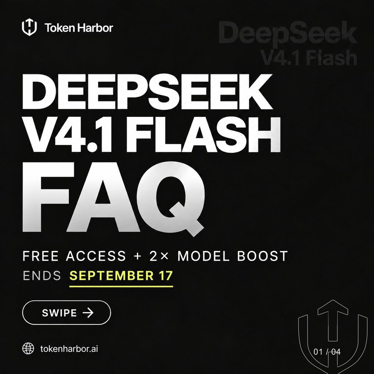 TokenHarborAI's tweet photo. DeepSeek V4.1 Flash is free on Token Harbor—but how does the limited 2× Model Boost work? 

The quick answers:

• Free Tier access remains available  
• Agent Pass: $0.99 first month → up to $20 usage  
• Office Pass: $9.99/month → up to $70 usage  
• The Model Boost ends September 17

After the boost ends, included usage returns to the regular Pass rate: $10 for Agent and $35 for Office.