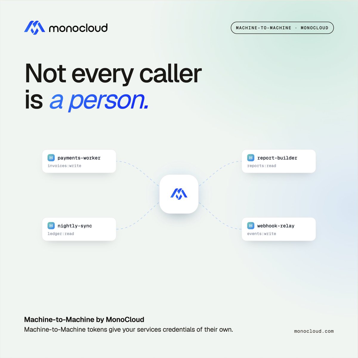 MonoCld's tweet photo. Not every caller to your API is a person clicking through a login screen.
 
Scripts, integrations, and backend jobs need access too. And handing those a user login is the wrong approach, it ties automated access to a human account that could change, leave, or lose permissions at any time.
 
Machine access needs its own kind of credential.
 
MonoCloud supports machine-to-machine authentication, so your services and automated systems authenticate with credentials of their own, separate from any individual user.
 
Automated systems get what they need. Human accounts stay human.
 
Give your services their own credentials, not a borrowed login.
 
👉 Start building at https://t.co/A0joEXMSUz
 
#Authentication #DeveloperTools #API #SaaS