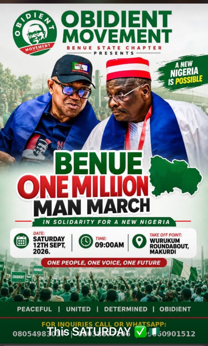 HiikyaaTor's tweet photo. ONE MILLION MARCH FOR OBI- IN BENUE STATE-DATE:12TH SEPT,2026 https://t.co/p26wDD0486