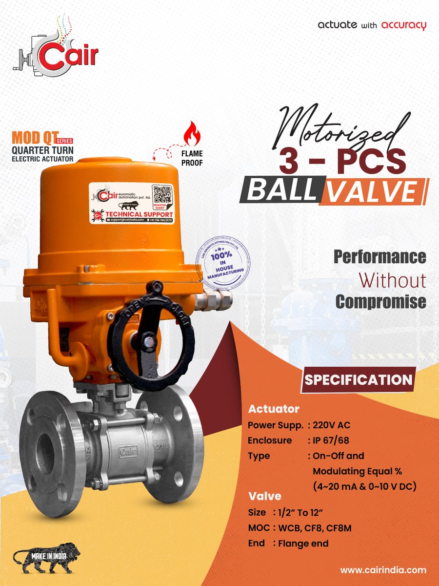 cairautomation's tweet photo. ⚙️ Automate flow control with Cair Motorized Ball Valves!

Cair’s 3-Piece Ball Valve with Flame-Proof Quarter-Turn Actuator offers reliable On-Off &amp; Modulating control for industrial applications.

📩 digital@cairindia.com

#cairIndia #motorizedballvalve #flowcontrol https://t.co/bZqVNGCadg