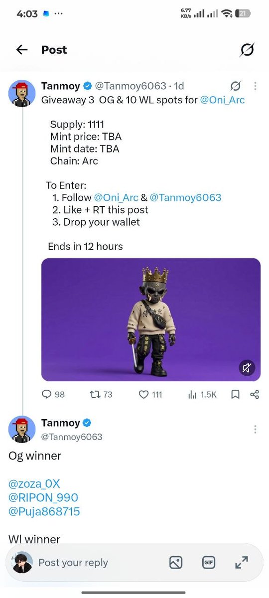 Geralt013's tweet photo. Today, I want to talk about the reality of crypto giveaways by CT

Meet @Tanmoy6063 who gives away NFT WL almost every day.

Obviously this brings him good enagement because NFT communities are always looking for whitelist opportunities.

But there something worth looking into 👇 https://t.co/L1eDUtYmq2
